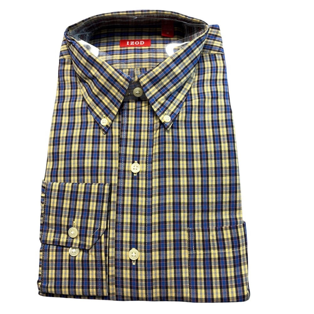 IZOD Mens‎ Long Sleeve Button Down Shirt Plaid Yellow Blue Black Size M